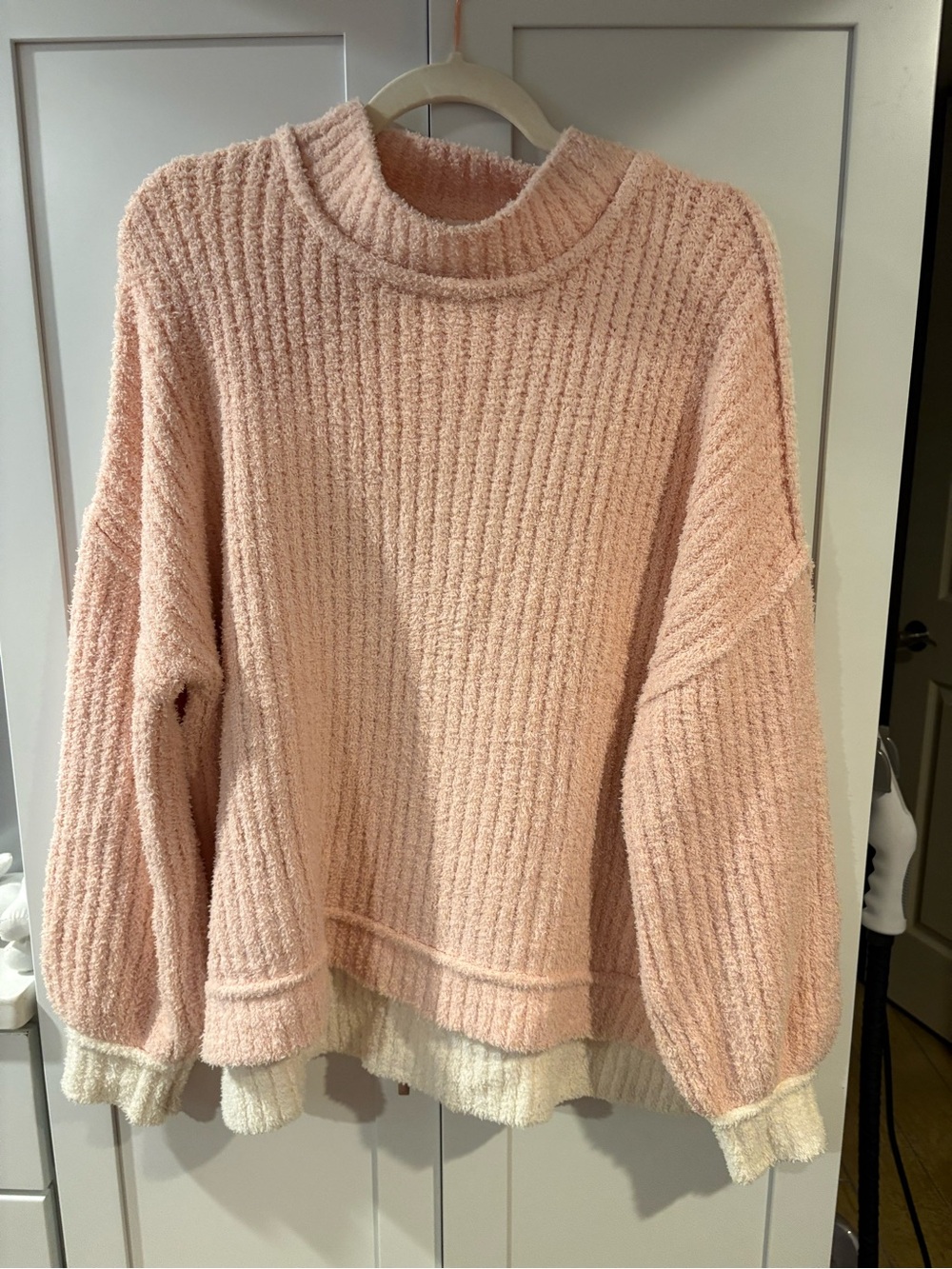 POL Pink Textured Two-toned Crewneck Sweater with Cream Trim